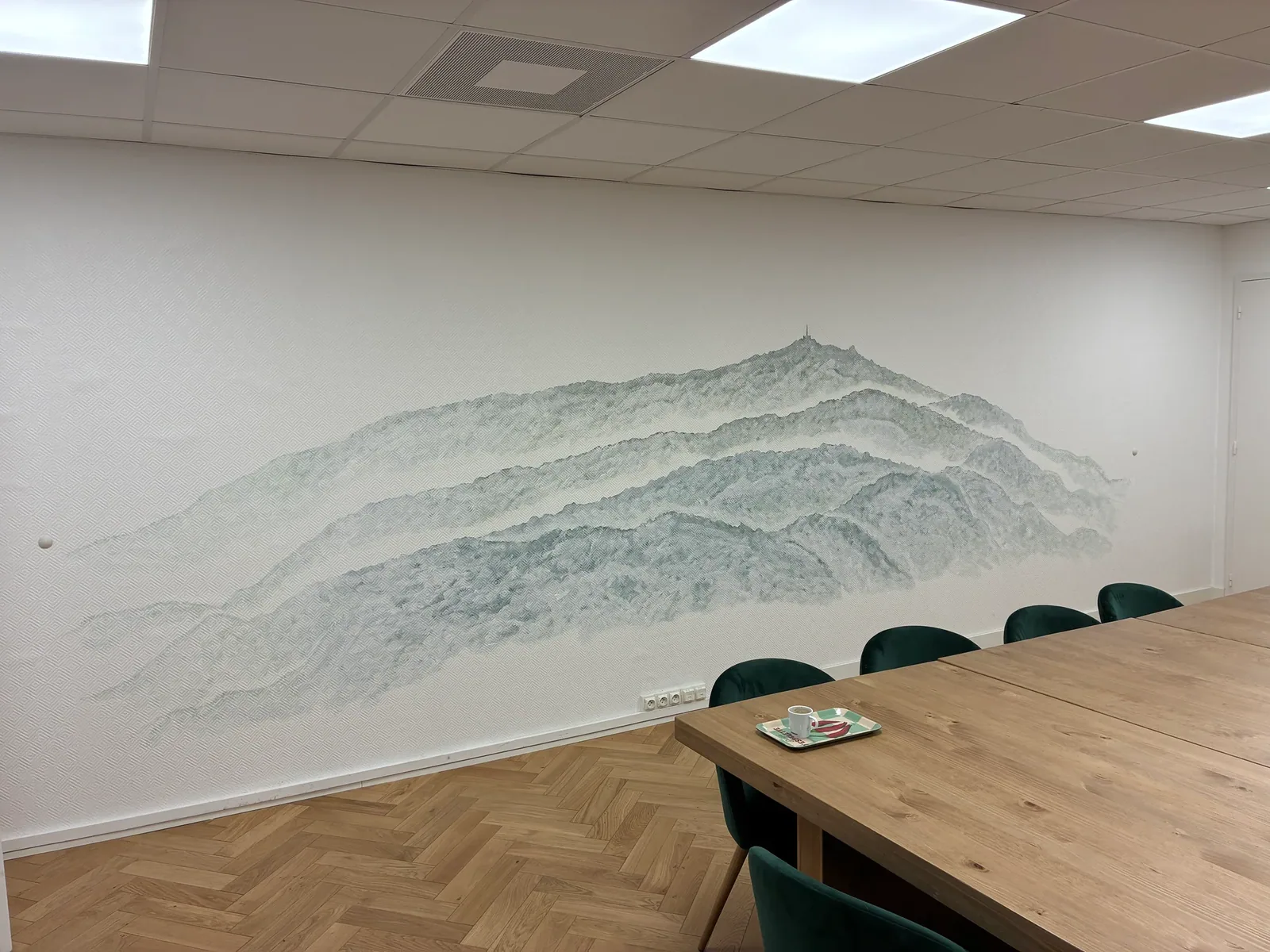 Fresque murale sur mesure en dégradé de crêtes montagneuses dans une salle de réunion