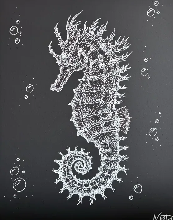 Toile Nodo format moyen : hippocampe au pointillisme blanc sur noir