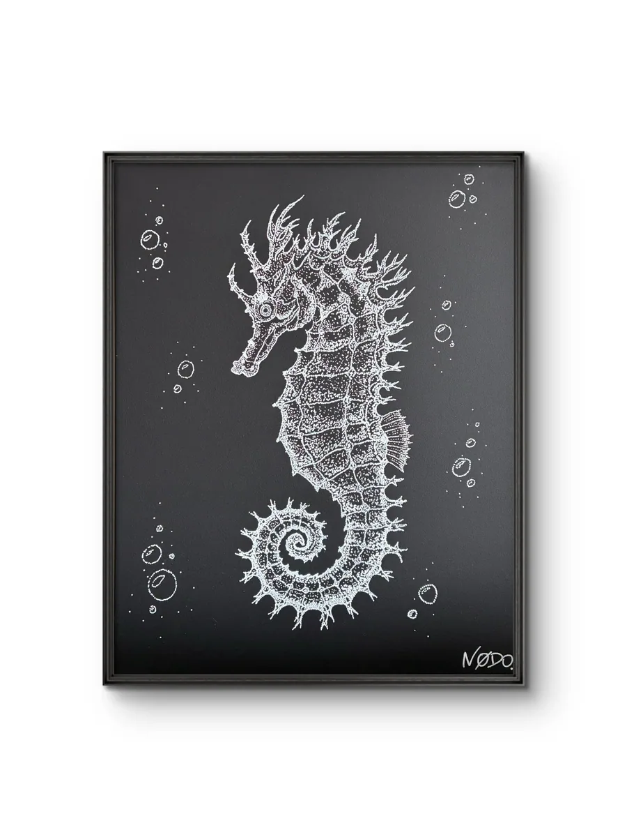 Toile Nodo d'un hippocampe au pointillisme blanc sur noir