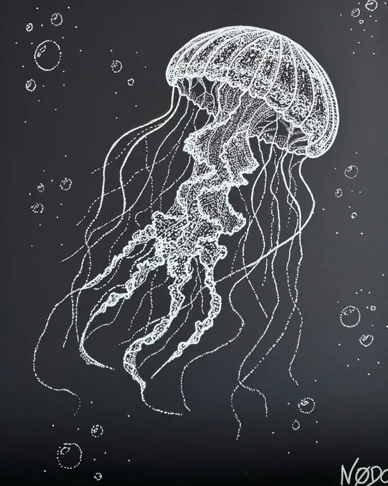 Toile Nodo : méduse dessinée au pointillisme blanc sur fond noir