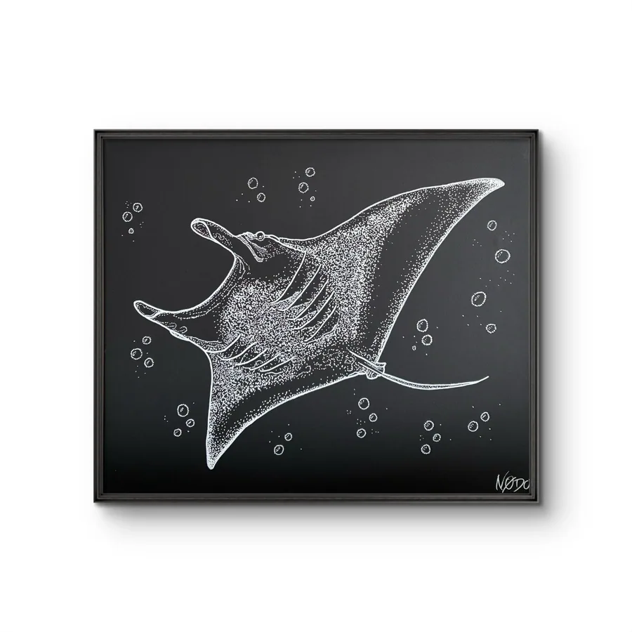 Toile Nodo représentant une raie manta au pointillisme blanc sur fond noir