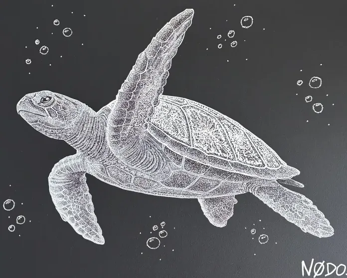 Toile Nodo : tortue marine nageant, dessinée au pointillisme blanc sur fond noir