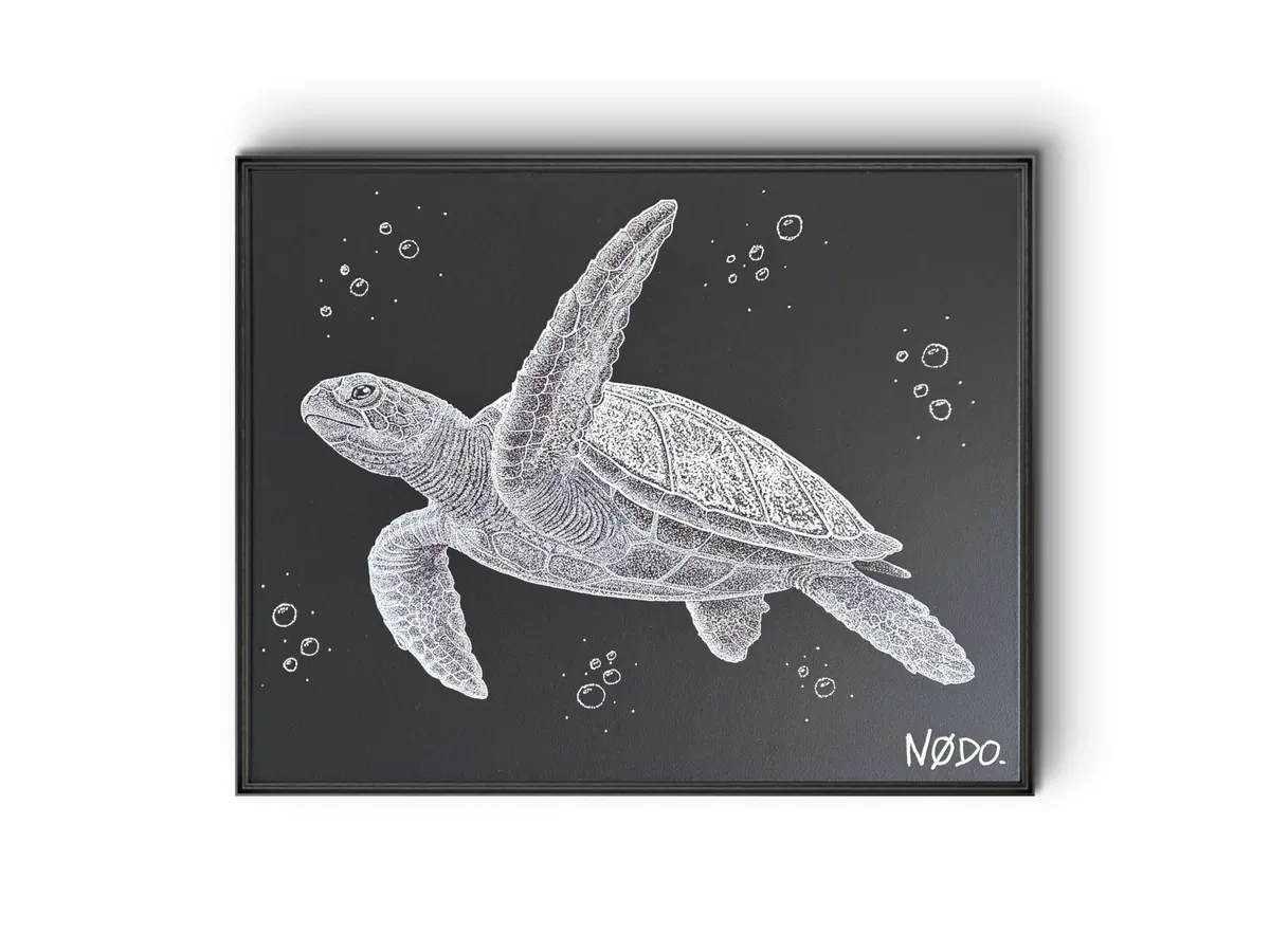 Toile Nodo d'une tortue marine au pointillisme blanc sur noir